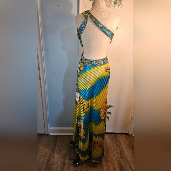 Elegant One Shoulder Blue and Yellow Dress - Picture 9 of 10